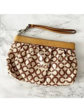 Coach Op Art Tan Brown Pleated Coated Canvas Large Zip Top Wristlet